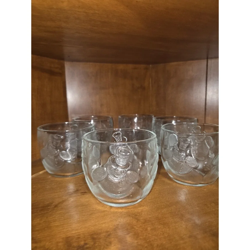 6pc Clear Glass Snowman Embossed Tumblers Set Round Vintage  10 oz